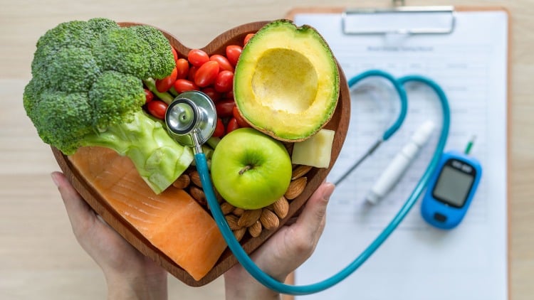 healthy food arranged in a heart bowl