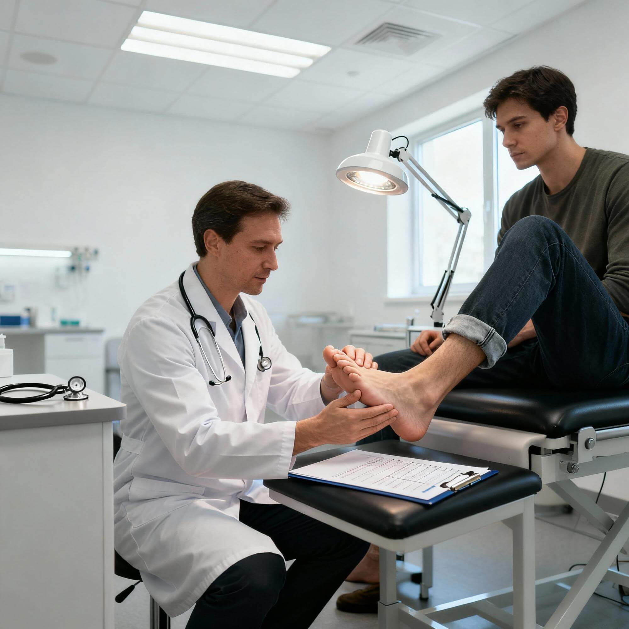 man discussing with doctor supportive shoes for metatarsalgia
