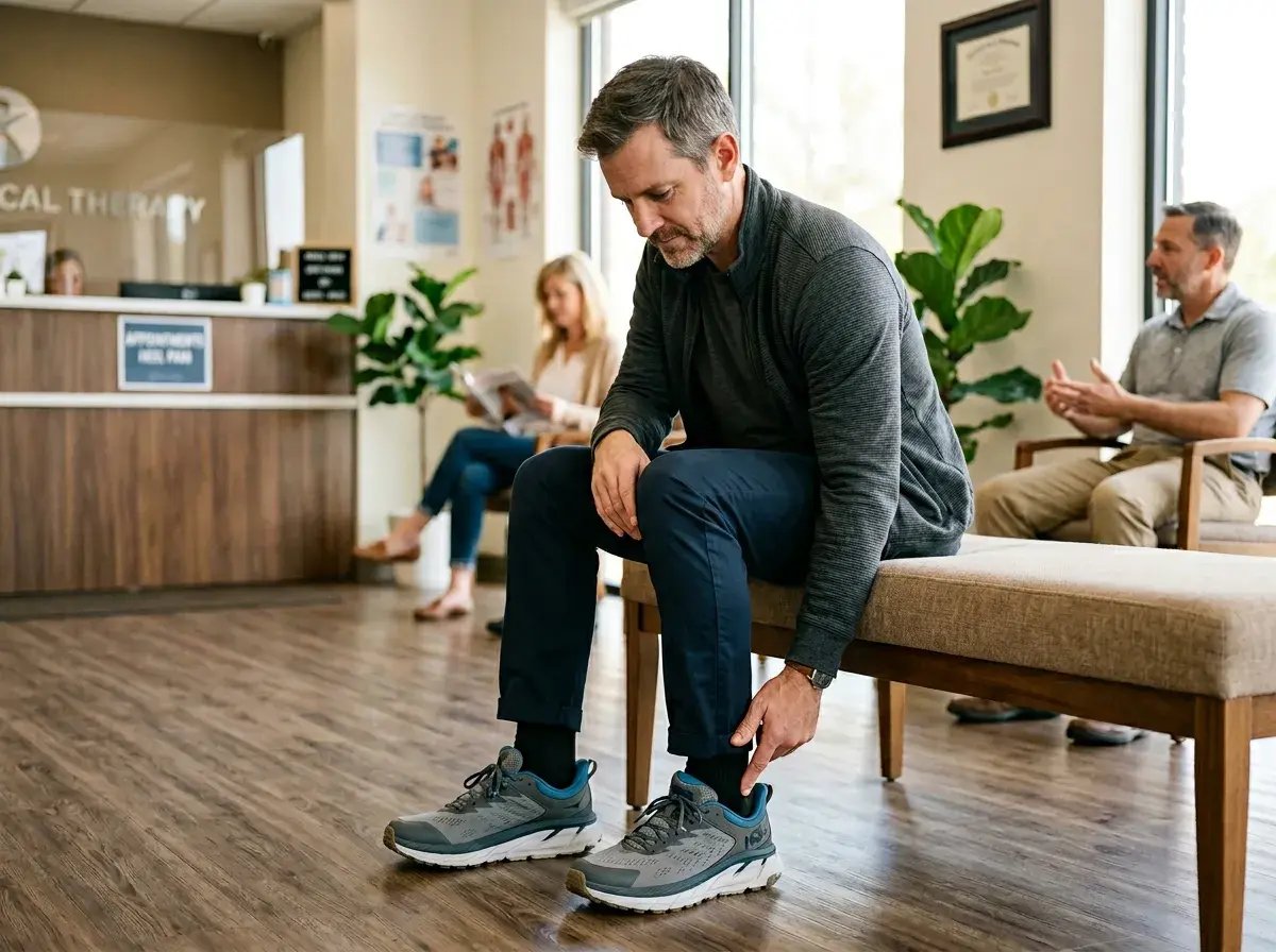 man having pain from shoes for heel bursitis